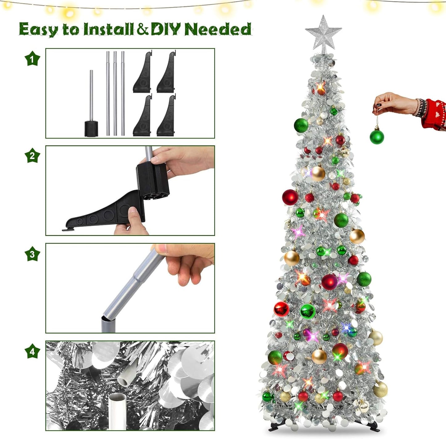 Pop up Christmas Tree with Lights & 30 Balls, 5Ft Collapsible Silver Tinsel Christmas Tree Decoration for Holiday Home Office Decor