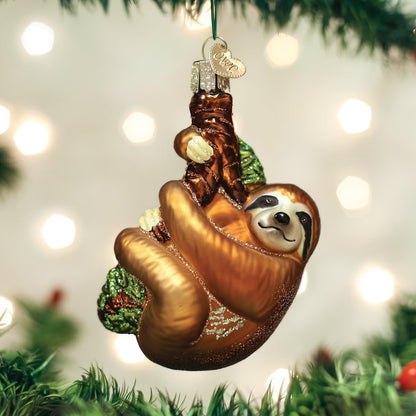 Smiling Sloth Hugging Branch Glass Blown Ornament for Christmas Tree, Handcrafted Holiday Decoration, Wildlife Animal Collection