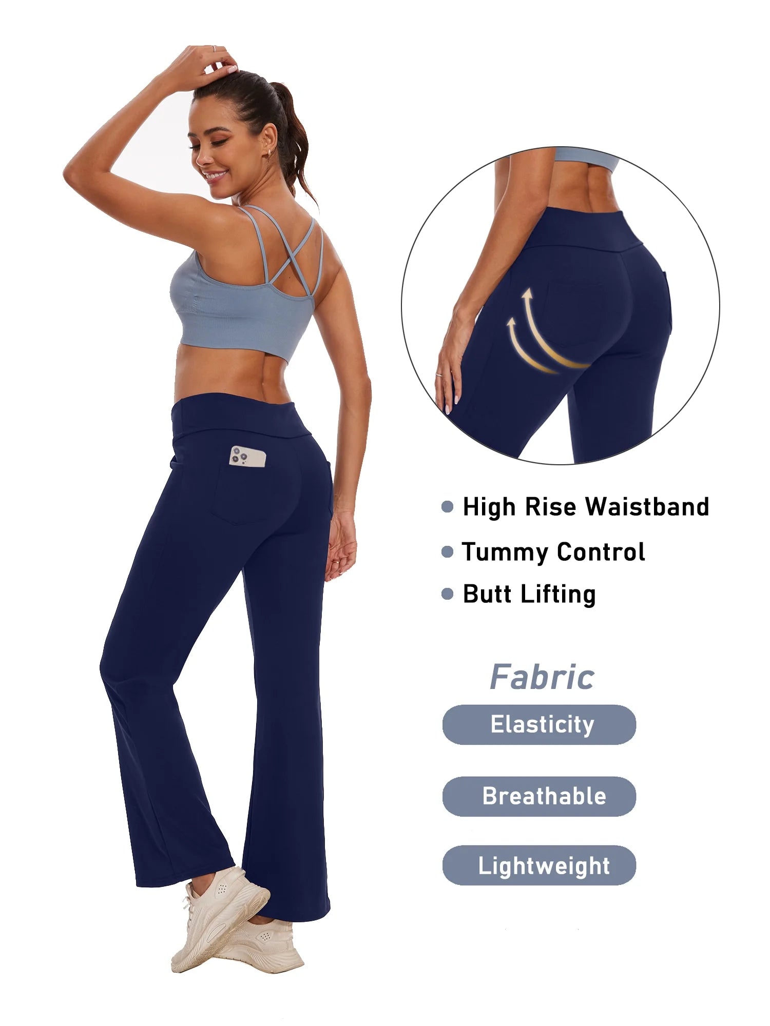 Womens Yoga Pants Flare Legging with Pockets Bootcut High Waist Lightweight Bottoms Workout Activewear Navy Blue XL