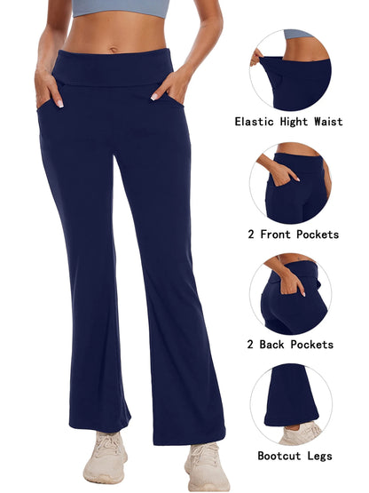 Womens Yoga Pants Flare Legging with Pockets Bootcut High Waist Lightweight Bottoms Workout Activewear Navy Blue XL