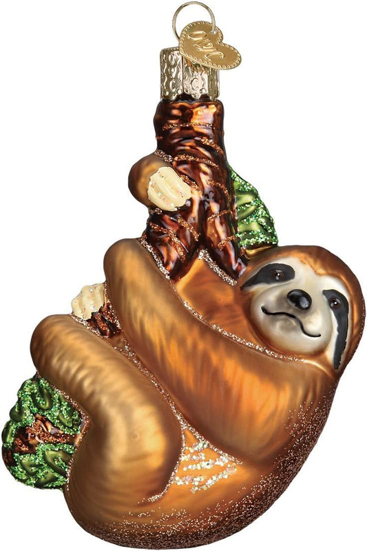 Smiling Sloth Hugging Branch Glass Blown Ornament for Christmas Tree, Handcrafted Holiday Decoration, Wildlife Animal Collection